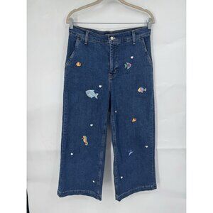 J. Crew‎ Mercantile Wide Leg Mermaid Ocean Patch Work Jean Women 28 Blue Wash